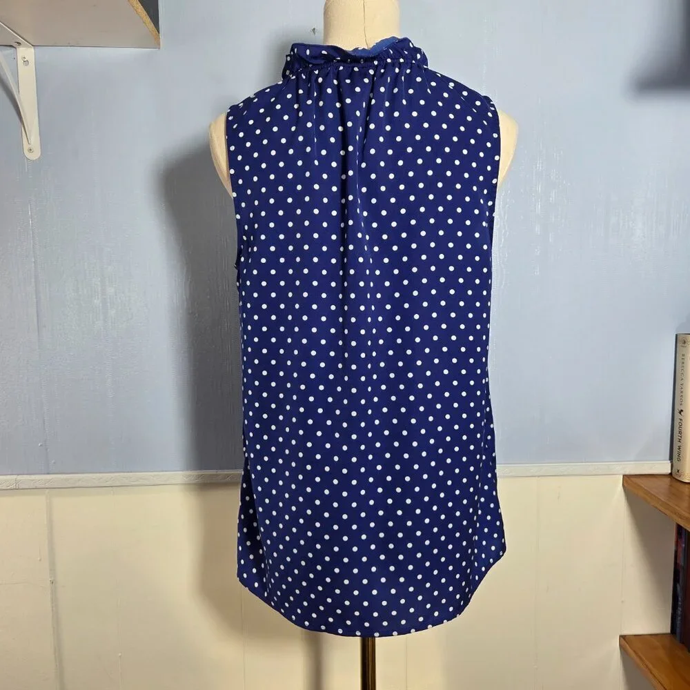 J. Crew 8 Blue White Polka Dot Sleeveless Ruffle Collar Keyhole Front Blouse